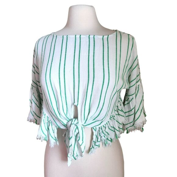 Olivaceous Women Size M Cropped‎ Top Tie Front Stripe Fringe Boho Bell Sleeves - Picture 10 of 13